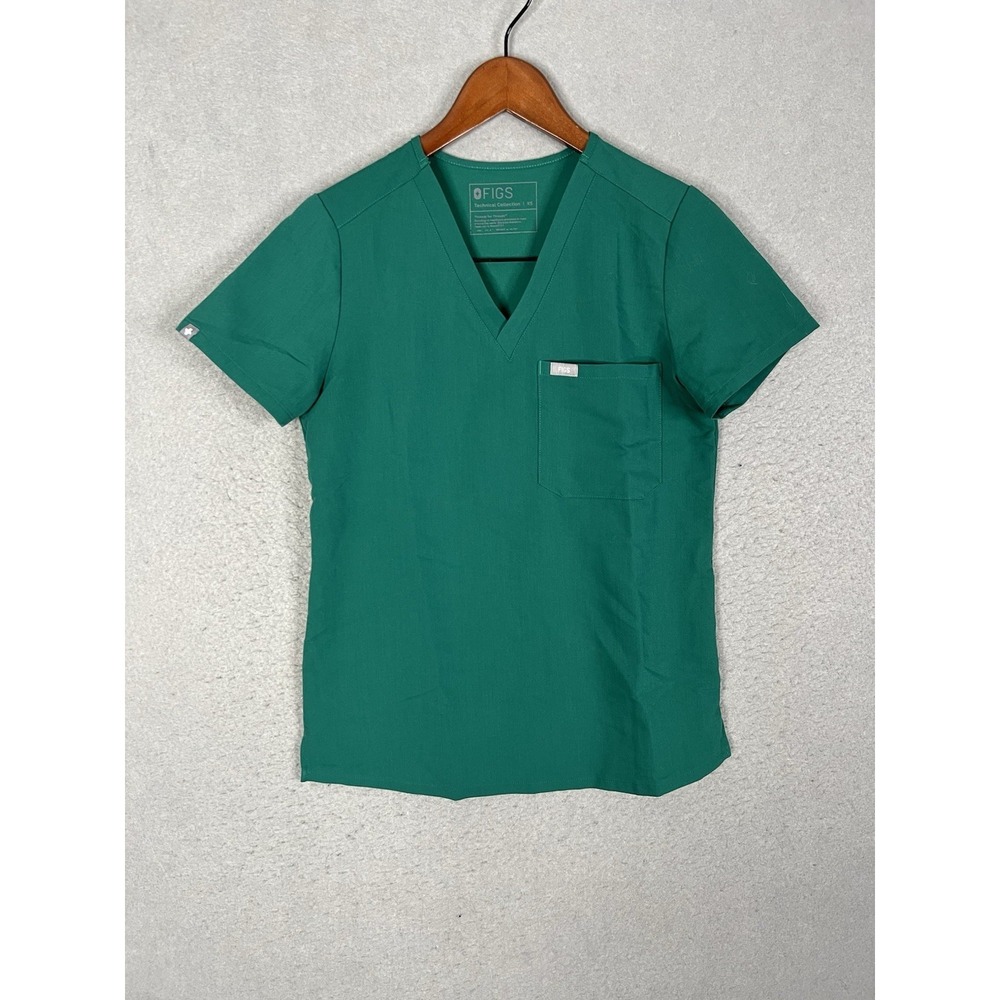 FIGS Technical Collection Scrub Top Womens XS Green V Neck Short Sleeve Shirt